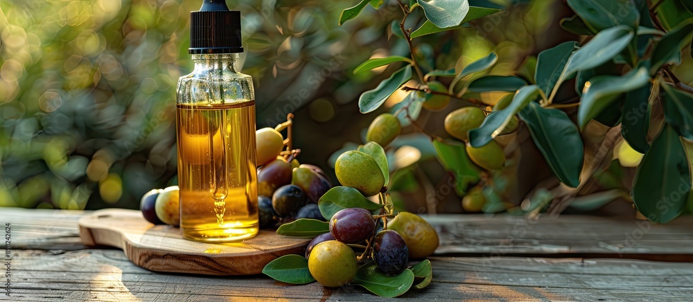 Aufkleber chinese date oil and fruit displayed in a bottle with a dropper on a wooden table next to ripe jojob