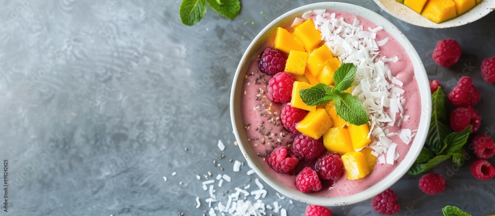 Poster top view of a berry smoothie bowl with mango and coconut perfect for a copy space image