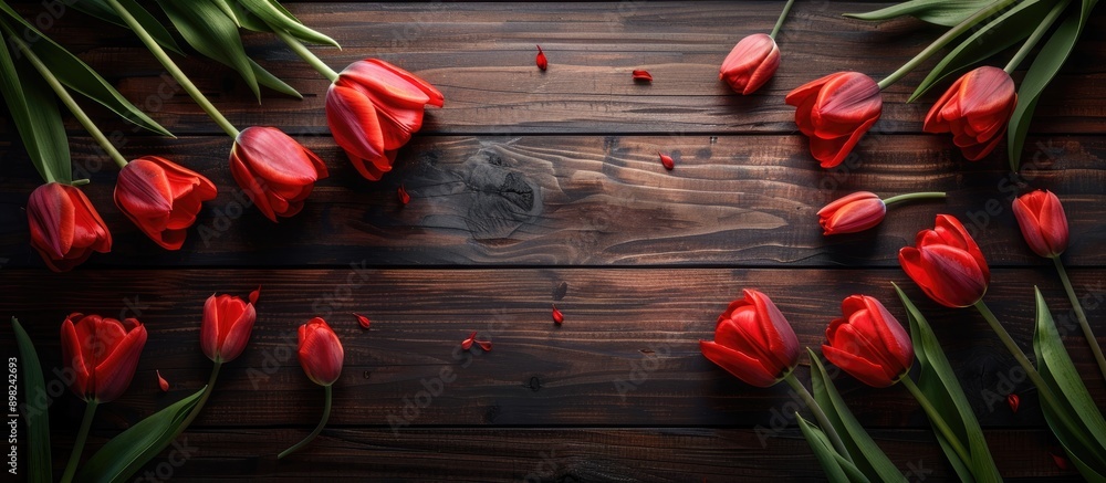 Fototapete dark wooden background with red tulips in a flat lay top view displaying a lovely composition with c