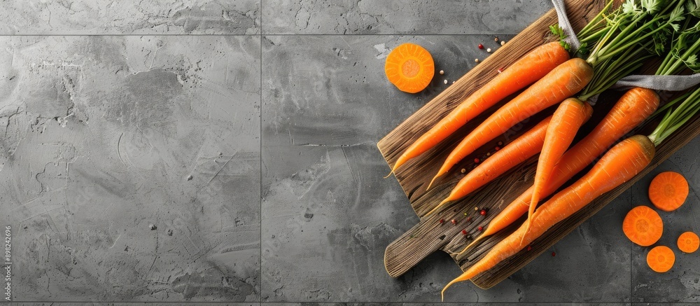 Poster Carrots and slices on a wooden board against a grey tile background with open space for images. Creative banner. Copyspace image