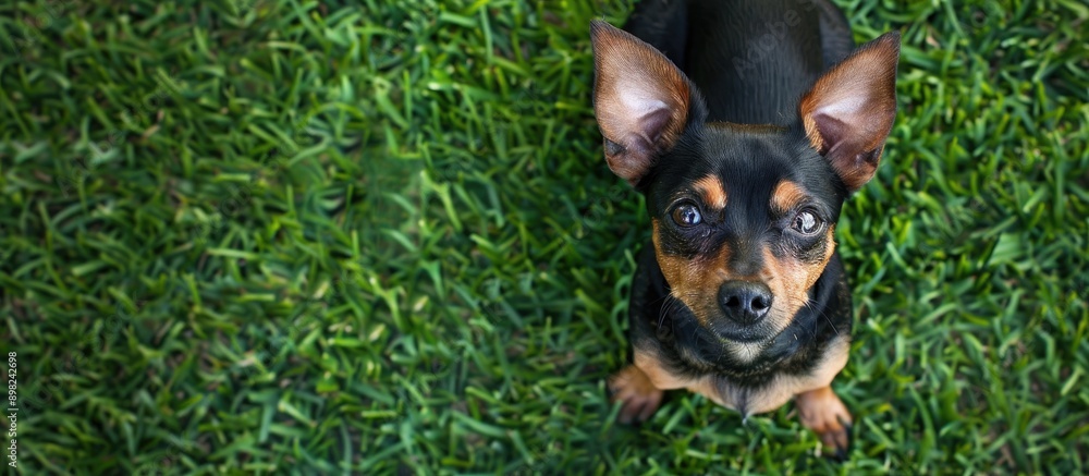 Poster a cute toy terrier standing on green grass seen from above in a domestic setting with copy space ima