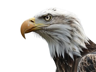 Obraz premium A close-up view of a bald eagle's head and feathers on a white background