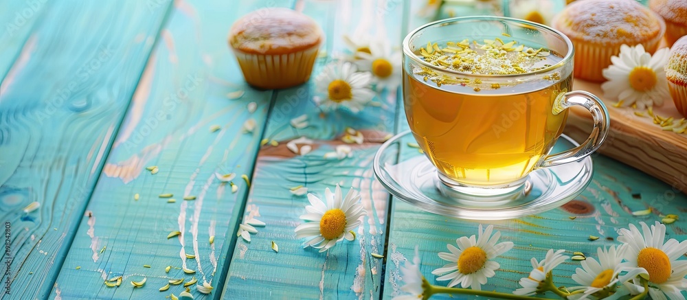 Poster Chamomile tea in a glass with chamomile flowers and muffins on colorful wooden backdrop ideal for adding text or design with copy space image