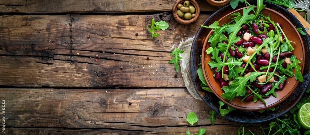 Aufkleber An appetizing meal of arugula salad with red beans and green lettuce leaves served as a snack on a rustic table with a scenic copy space image in the background