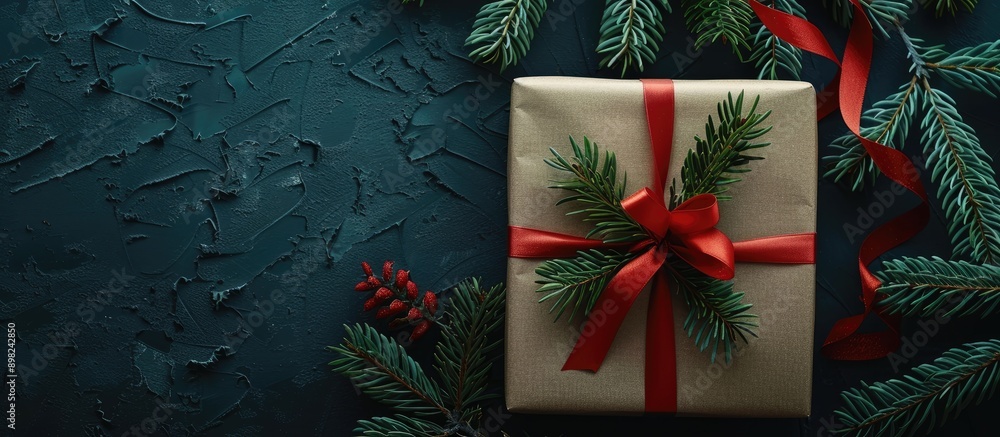 Poster a christmas tree branch on a dark background with a gift box featuring a red ribbon perfect for a fe
