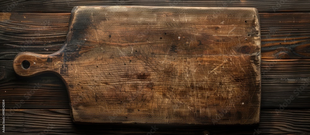 Poster top down view of an antique cutting board on a dark wooden surface with ample copy space in the imag