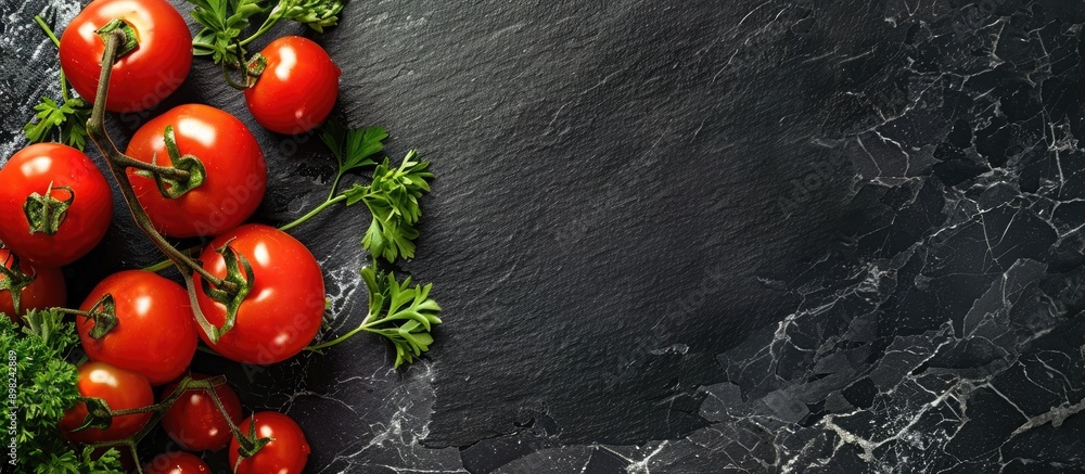 Poster Top down view of a branch featuring ripe red tomatoes and fresh parsley on a sleek black slate with room for text or other content in the image. Creative banner. Copyspace image