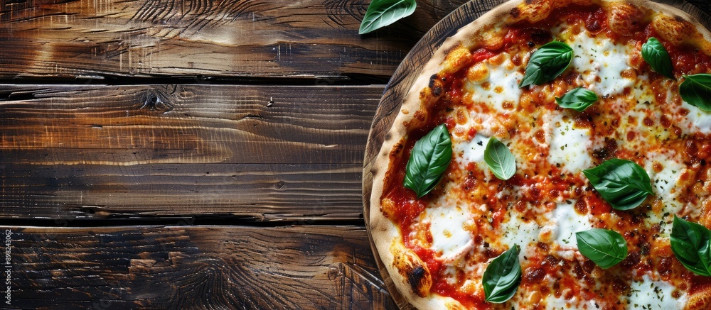 Poster top down view of a margherita pizza on a wooden surface with ample space for text or graphics