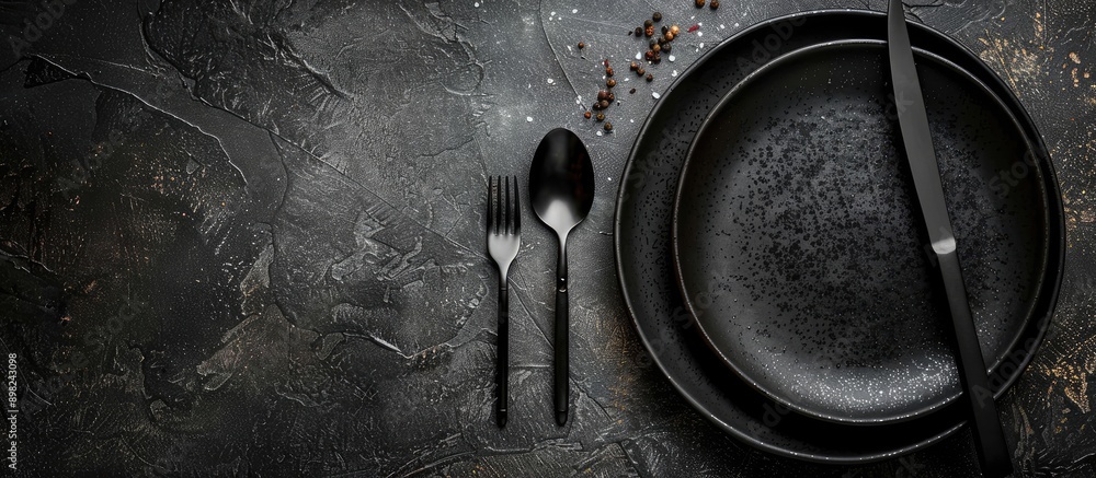 Fototapete Top view of a black plate and cutlery on a stone table set up with empty space for text or other elements in a flat lay composition. Creative banner. Copyspace image