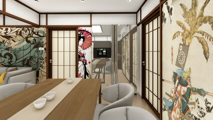 Japanese oriental living room house interior with shoji screen and modular furniture