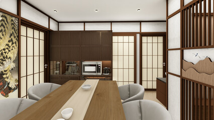 Japanese oriental living room house interior with shoji screen and modular furniture