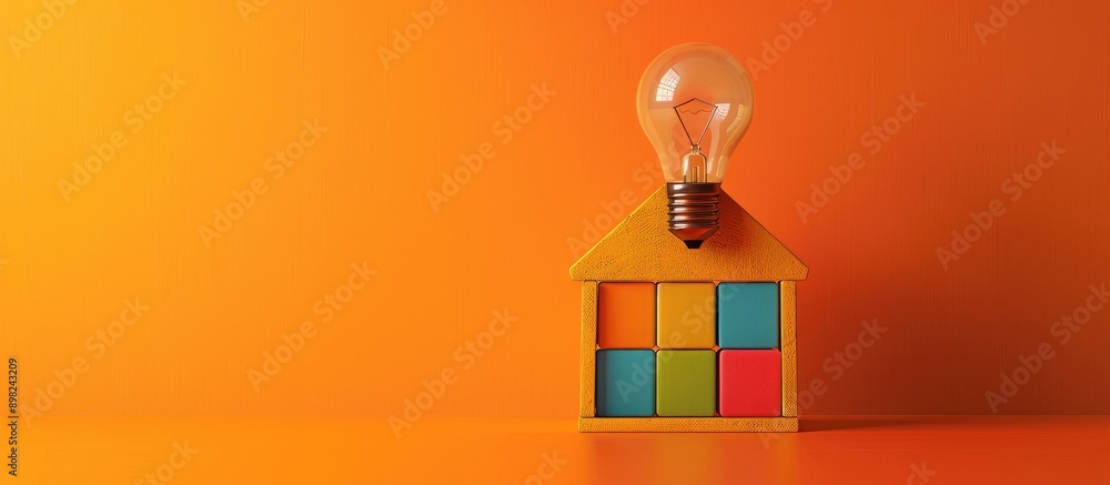 Canvas Prints A creative concept featuring a miniature house made of toy blocks on a gradient orange background with a lightbulb symbolizing ideas creating a copy space image