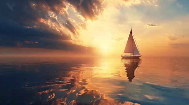 Sailboat sailing towards the setting sun on calm water reflecting the golden sky
