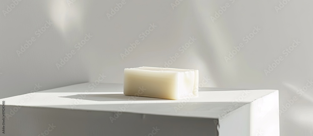 Poster displaying a bar of white soap against a white backdrop for a copy space image