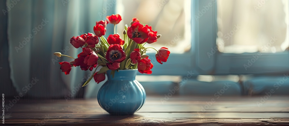 Aufkleber Close up image of a stunning Persian buttercup bouquet in a blue vase on a wooden table in soft light with a horizontal background soft focus and copy space image