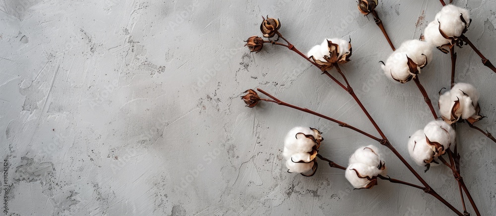 Poster capture a cotton flower branch on a soft grey cement wall background from above top down view with c