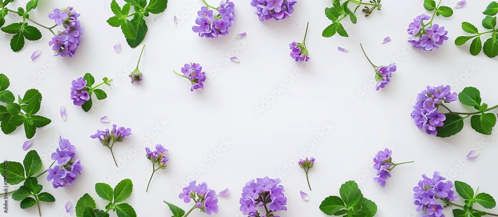 Aufkleber aesthetic arrangement of purple flowers and green leaves in a circular pattern on a white backdrop c