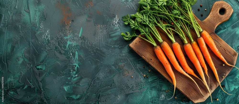 Poster Carrots on a wooden board against a textured green backdrop with copy space image