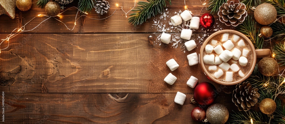 Poster close up top view of hot chocolate with marshmallows on a holiday themed wooden backdrop adorned wit