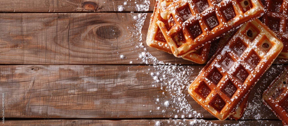 Aufkleber Top view of Belgian waffles on a menu concept background with copy space image for text perfect for showcasing a sweet dessert option with organic and healthy eating connotations