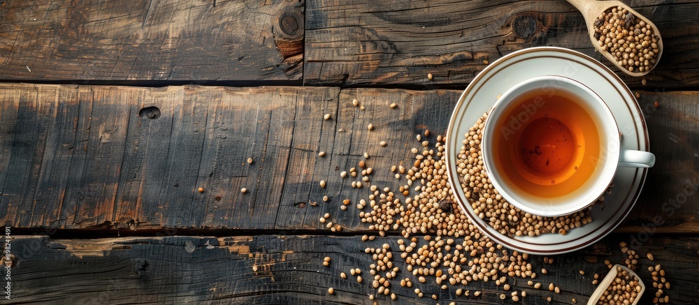 Poster Flat lay of buckwheat tea and granules on a wooden table with space for text beside the image. Creative banner. Copyspace image