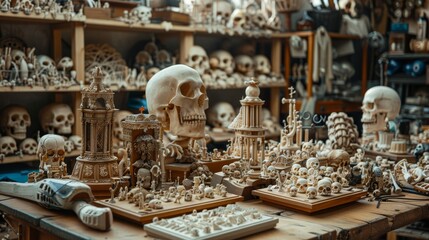  A wooden table, its top adorned with an array of various skull figurines, stands beside a shelf brimming with additional objects