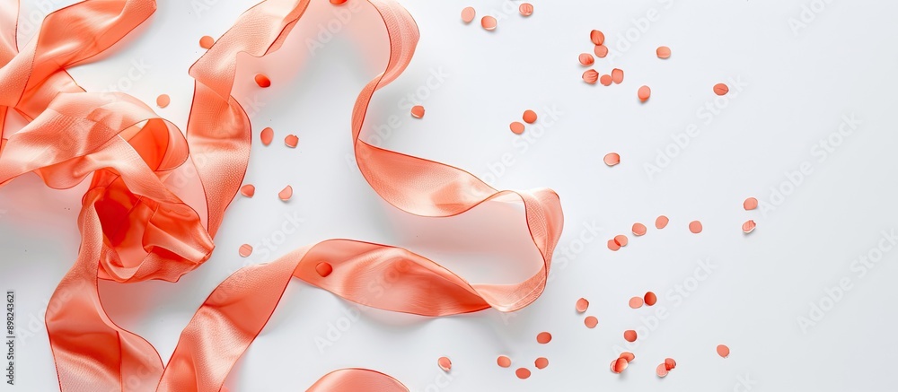 Aufkleber Coral silk ribbon shines on a white background in a festive themed flat lay with copy space image