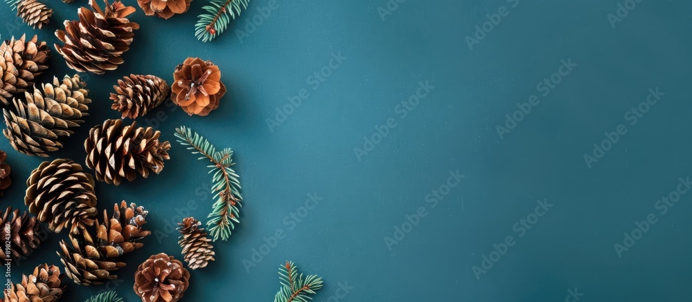 Poster top down view of holiday themed pine cones shaped like christmas trees in a festive arrangement with