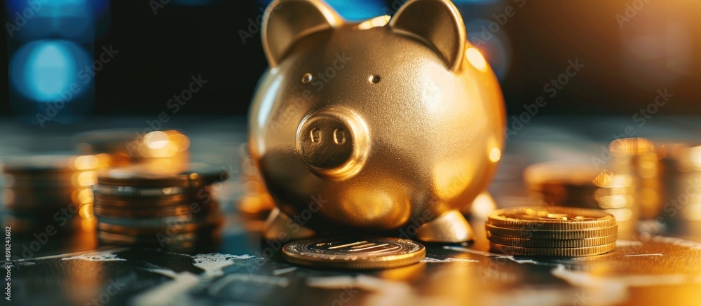 Fototapete concept of saving and investing illustrated by coins dropping into a piggy bank with money currency 