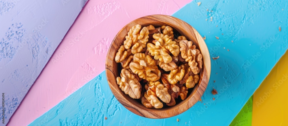 Poster close up top view of walnut kernel halves in a wooden bowl on a colorful background illustrates heal