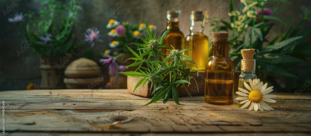 Poster cbd oil hemp oil bottles and flowers displayed on a wooden table create a medical cannabis concept w