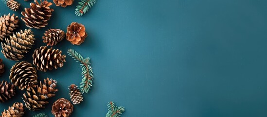 Top down view of holiday themed pine cones shaped like Christmas trees in a festive arrangement with copy space for adding text or images