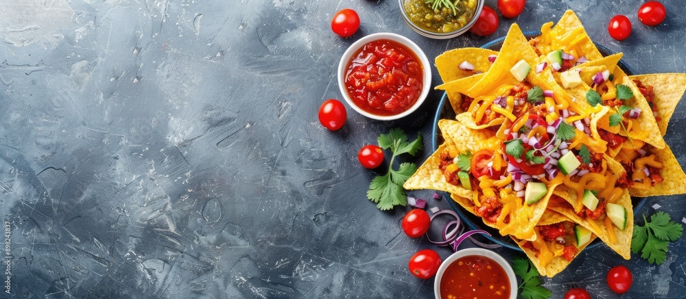 Aufkleber Top view composition featuring delicious nachos and various sauces on a bright background ideal for including text in the copy space image