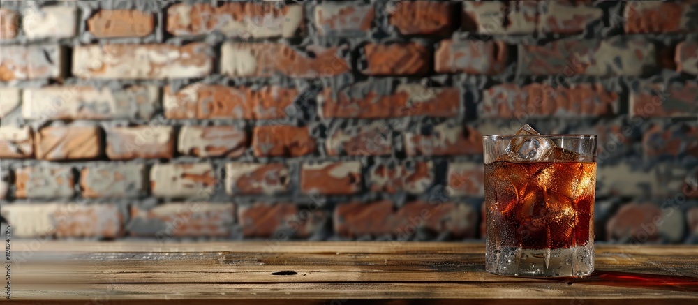 Aufkleber bar concept with whiskey and ice on a wooden table against a brick wall background providing copy sp