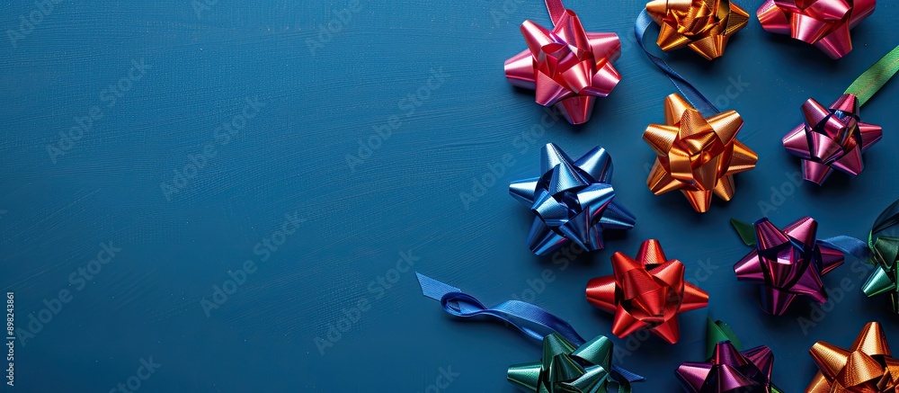 Poster colorful christmas bows on a blue background with copy space image for text creating a festive new y