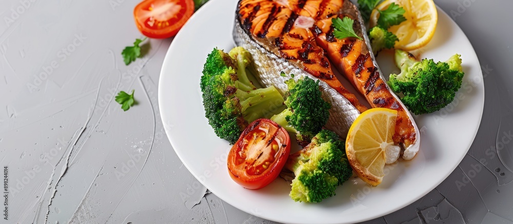Poster diet food concept with a grilled salmon steak broccoli and tomatoes on a white plate against a gray 
