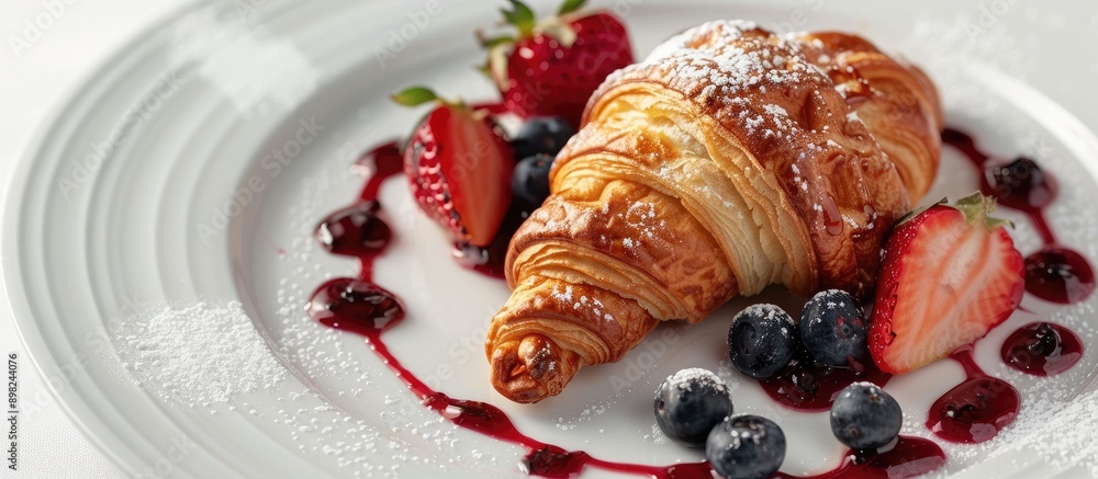 Poster close up of a croissant waffle known as a croffle garnished with strawberry and blueberry sauce on a
