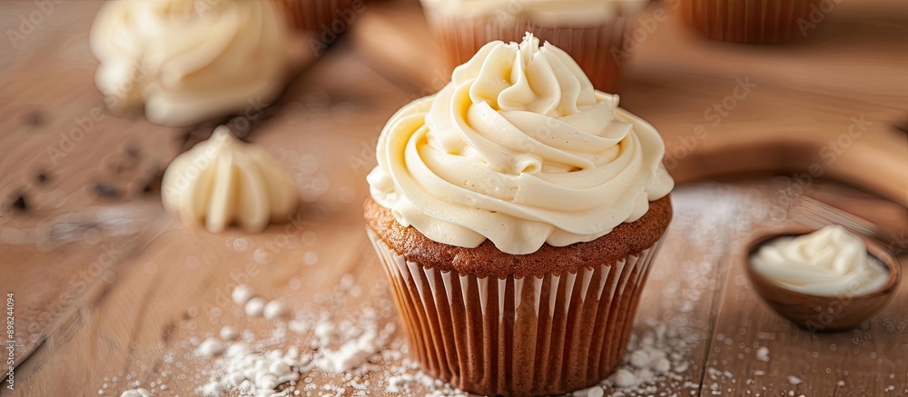 Poster a cupcake is prepared for decorating with buttercream frosting in a medium shot with selective focus