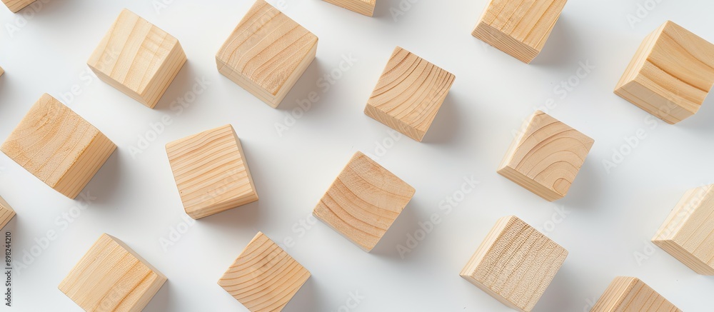 Poster Flat lay composition with blank wooden cubes on a light background providing copy space image