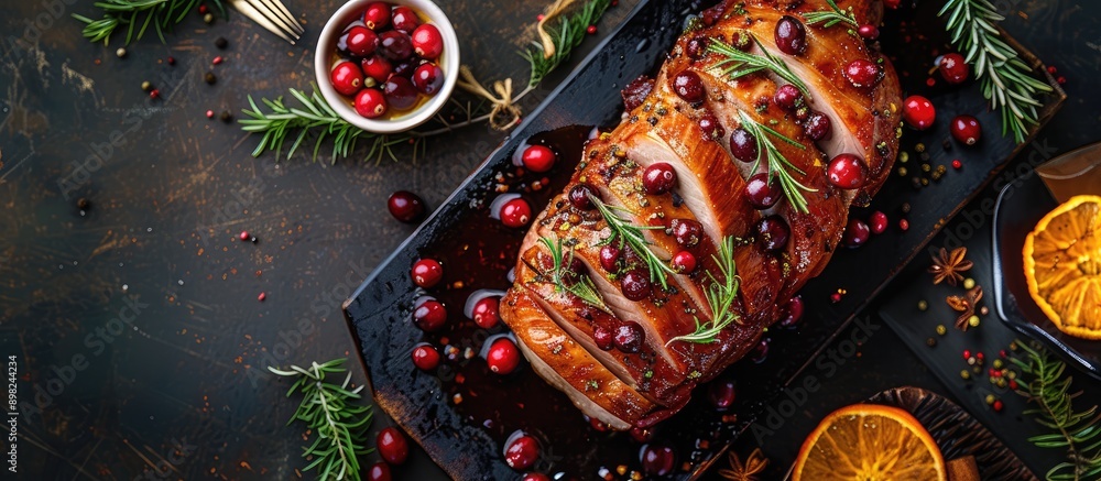 Poster Top down view of cranberry and orange glazed pork on a dark kitchen table with copy space for an image
