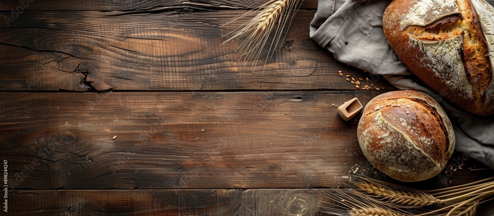 Poster dark rustic wooden background with homemade bread and loaf perfect for copy space image