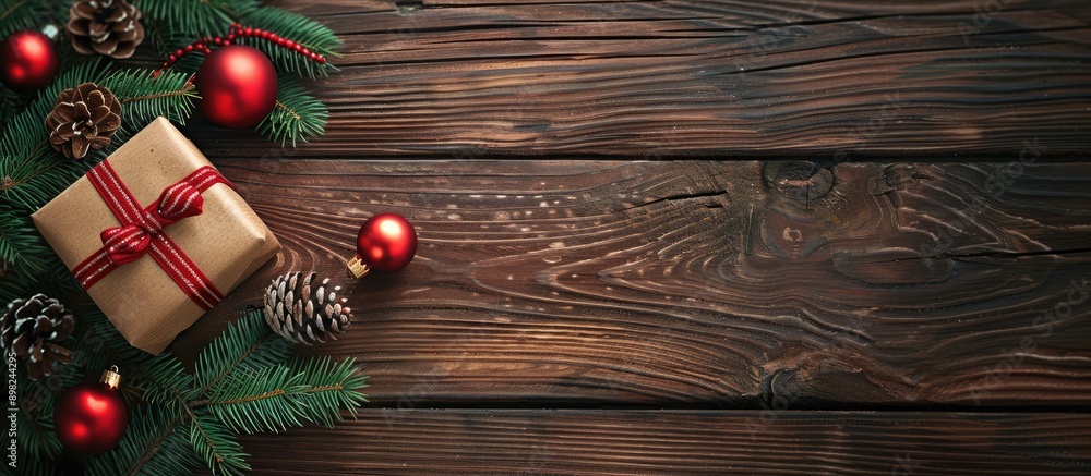Poster a christmas gift box sits beside a pine branch on a wooden table in a top down view leaving room for