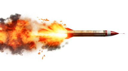 A missile rocket with fire trail isolated on transparent white background, clipping path