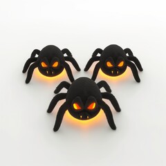 three glowing eyed black scary evil spiders isolated on white background halloween festive decoration holiday