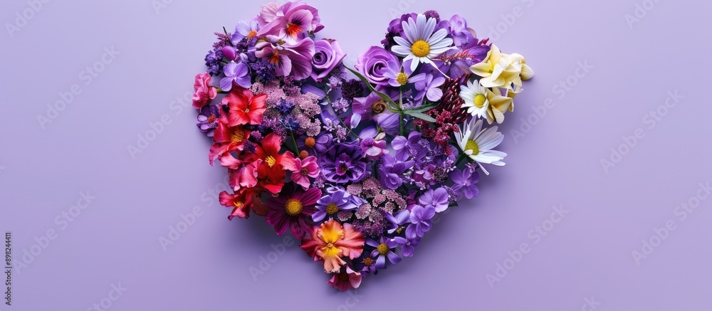 Poster Flat lay composition featuring a lovely heart design crafted from various flowers set against a violet background with room for text in the copy space image