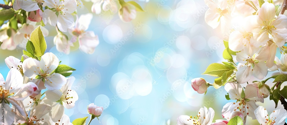 Aufkleber close up of beautiful white apple blossom branches against a blue sky background in a sunny spring g
