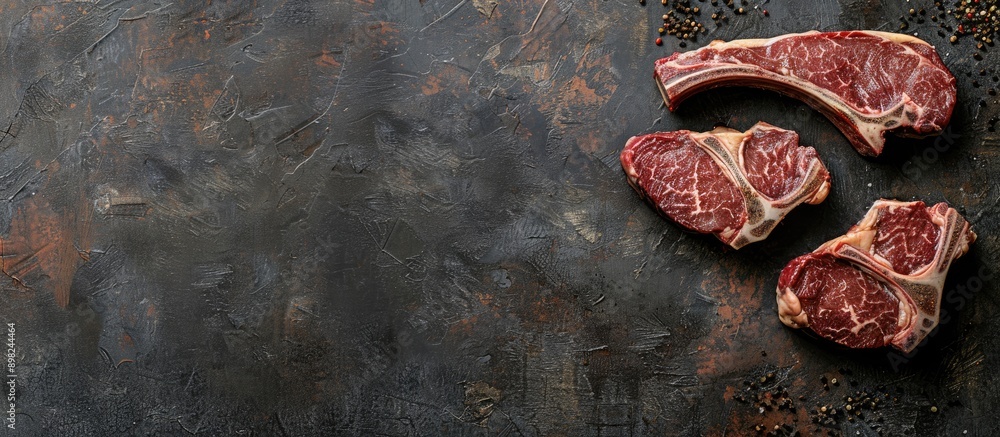 Poster Different types of beef steaks like ribeye tomahawk and T bone displayed on a stone background with copy space image