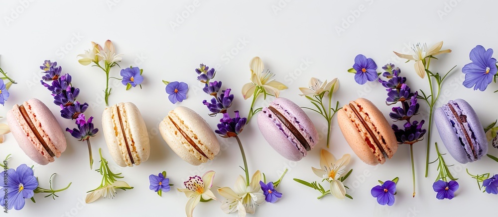 Aufkleber top view of colorful almond cookies cake macaron or macaroon with violet spring flowers on a white b