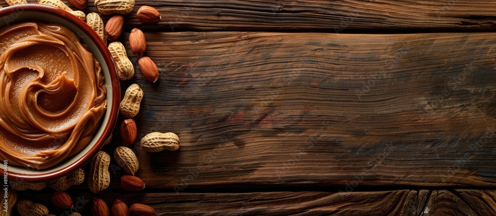 Poster Close up photo of peanut butter and peanuts on a wooden background emphasizing food and party themes with available copy space for text