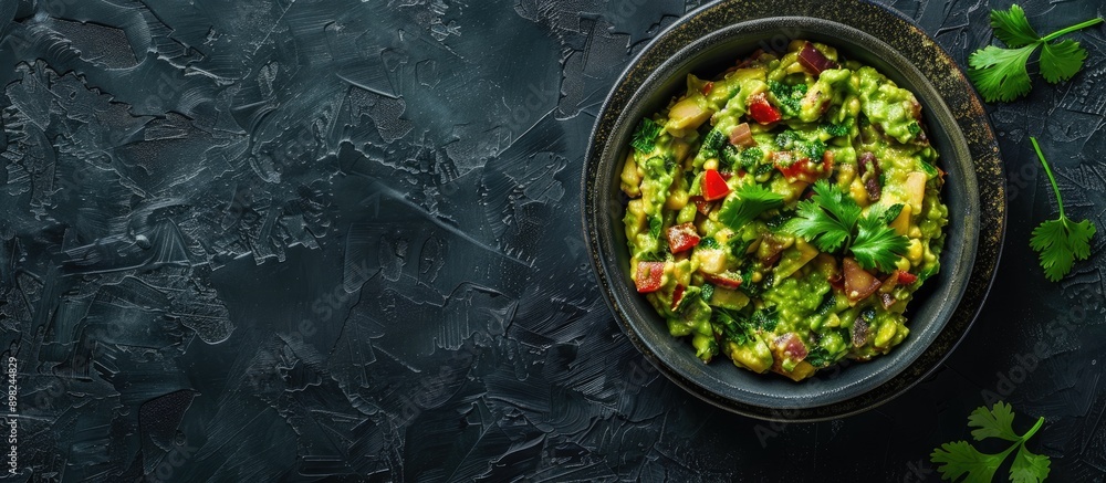 Aufkleber Avocado guacamole in a grey bowl set against a dark backdrop featuring a top view for a copy space image